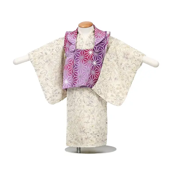 女児(1歳前後)090ピンク/紫 麻の葉チューリップ小花 ボタニカル 二部式被布