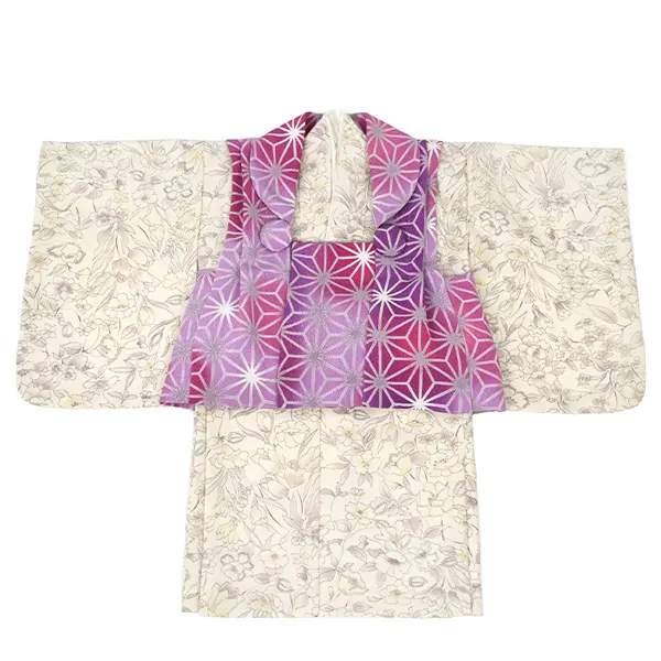 女児(1歳前後)090ピンク/紫 麻の葉チューリップ小花 ボタニカル 二部式被布