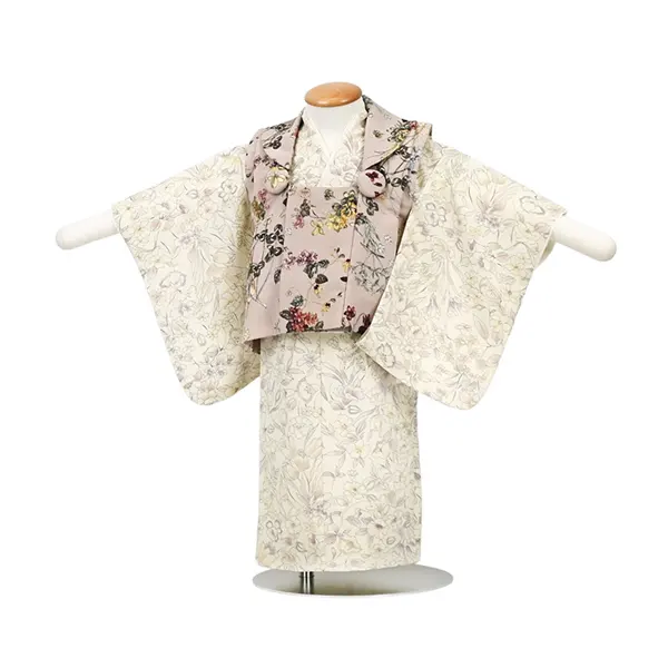 女児(1歳前後)ベビー着物091ピンク チューリップ小花 ボタニカル 二部式被布