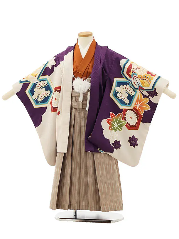 RENCA(5歳男袴)かんたん七五三5002 紫/亀甲紋に鷹xモカ茶袴