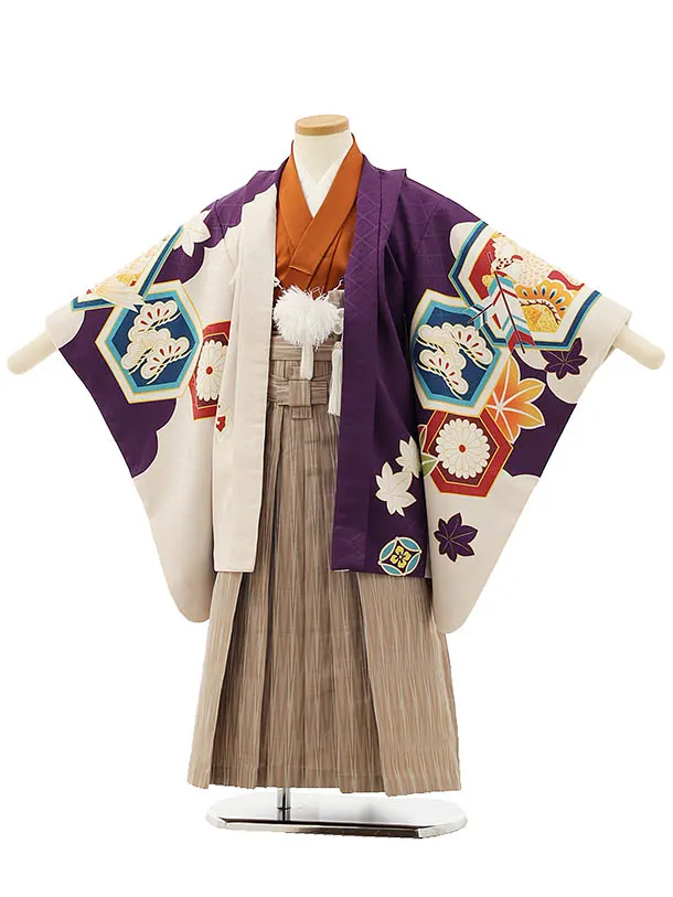 RENCA(5歳男袴)かんたん七五三5002 紫/亀甲紋に鷹xモカ茶袴