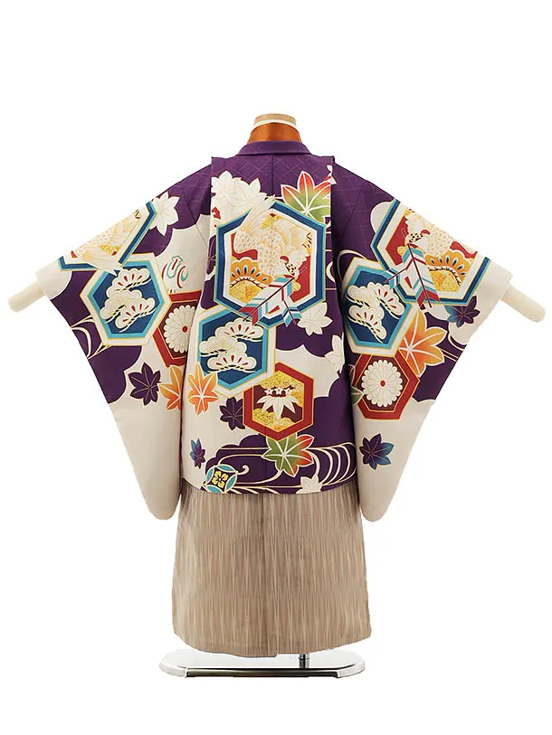 RENCA(5歳男袴)かんたん七五三5002 紫/亀甲紋に鷹xモカ茶袴