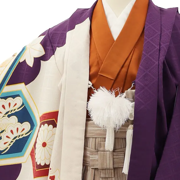 RENCA(5歳男袴)かんたん七五三5002 紫/亀甲紋に鷹xモカ茶袴