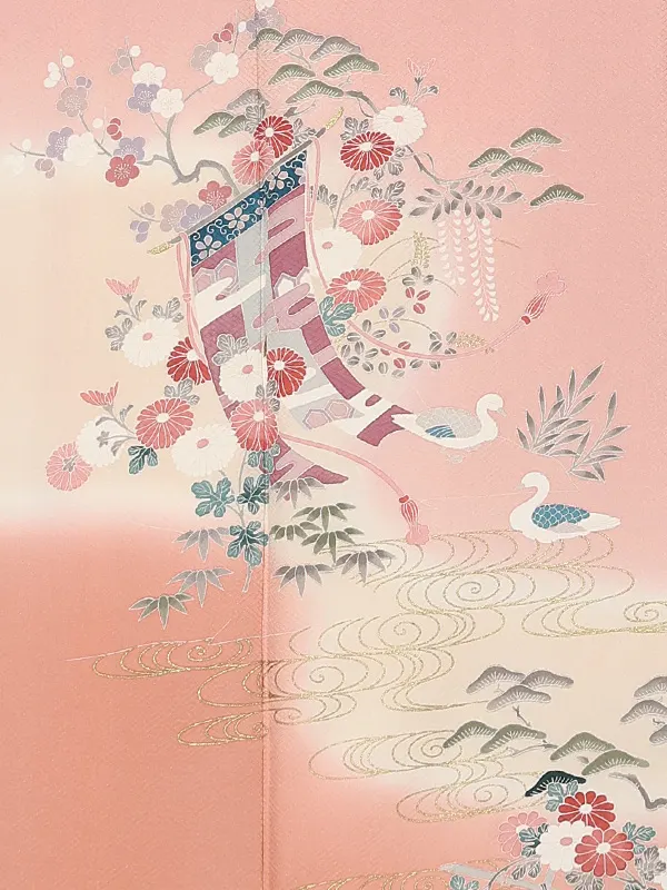 【正絹】訪問着レンタル/ピンク 几帳に四季花 Y014（64）