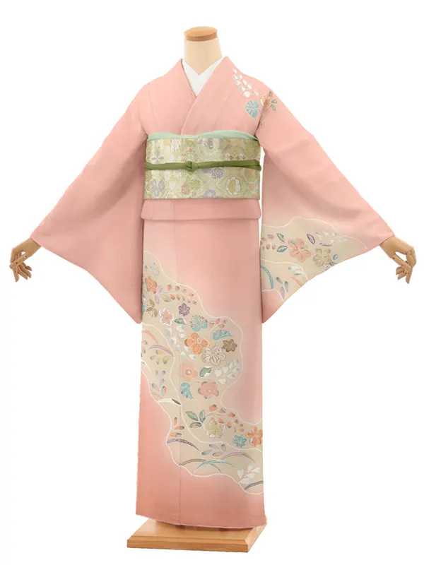 【正絹】訪問着レンタル/サーモンピンク 藤葵 四季花 Y030（65）