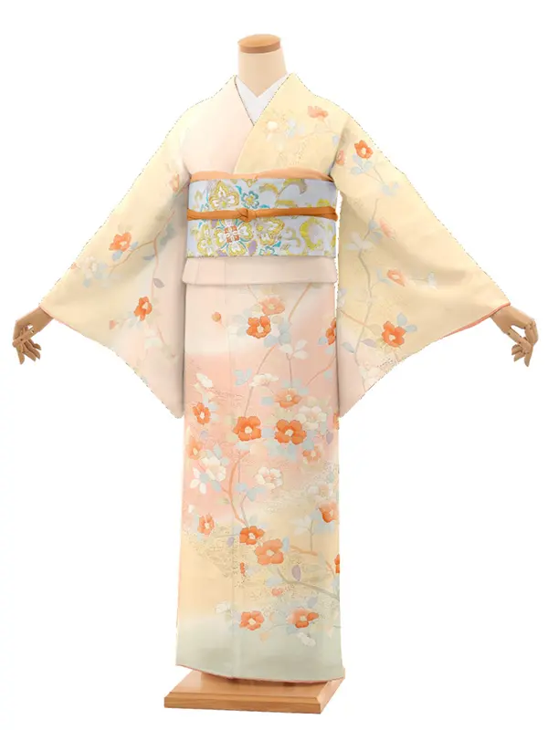 【正絹】訪問着レンタル/ベージュ 椿 Y034