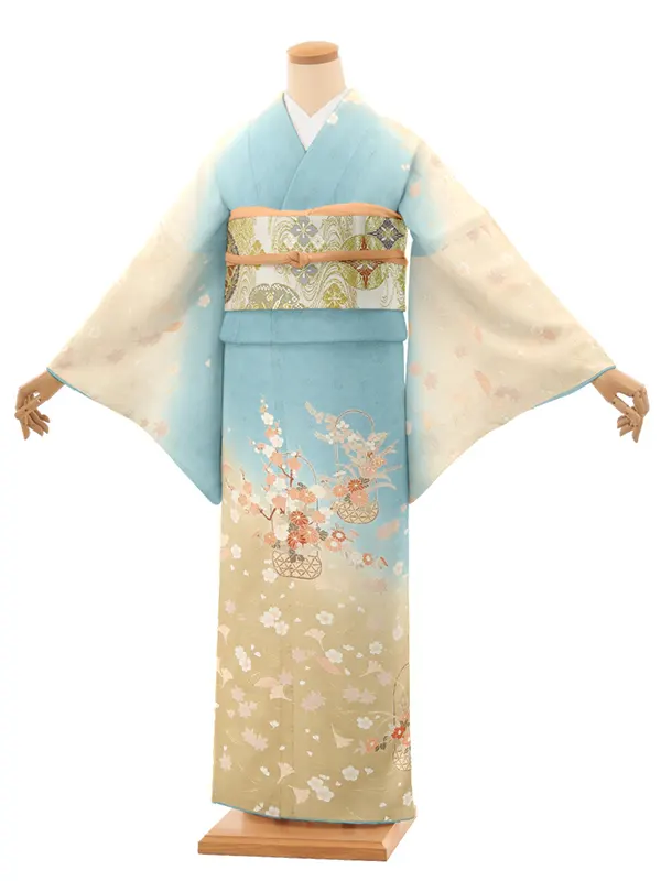 【正絹】訪問着レンタル/水色 四季花 花籠 Y035（64）