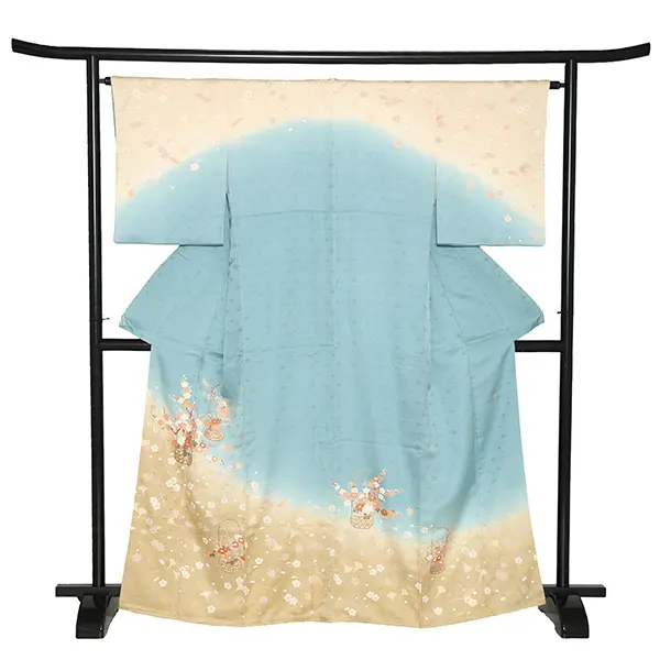 【正絹】訪問着レンタル/水色 四季花 花籠 Y035（64）