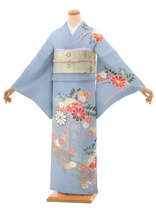 【正絹】訪問着レンタル/水色 菊に藤 Y041（67）