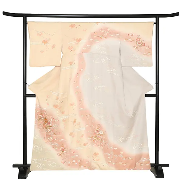 【正絹】訪問着レンタル/ベージュ 四季花 霞 Y042（66）