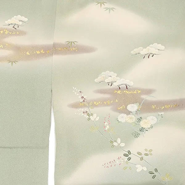 【正絹】訪問着レンタル/うぐいす色 霞 四季花 Y047（66）