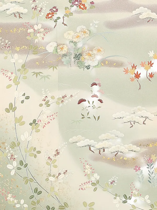 【正絹】訪問着レンタル/うぐいす色 霞 四季花 Y047（66）