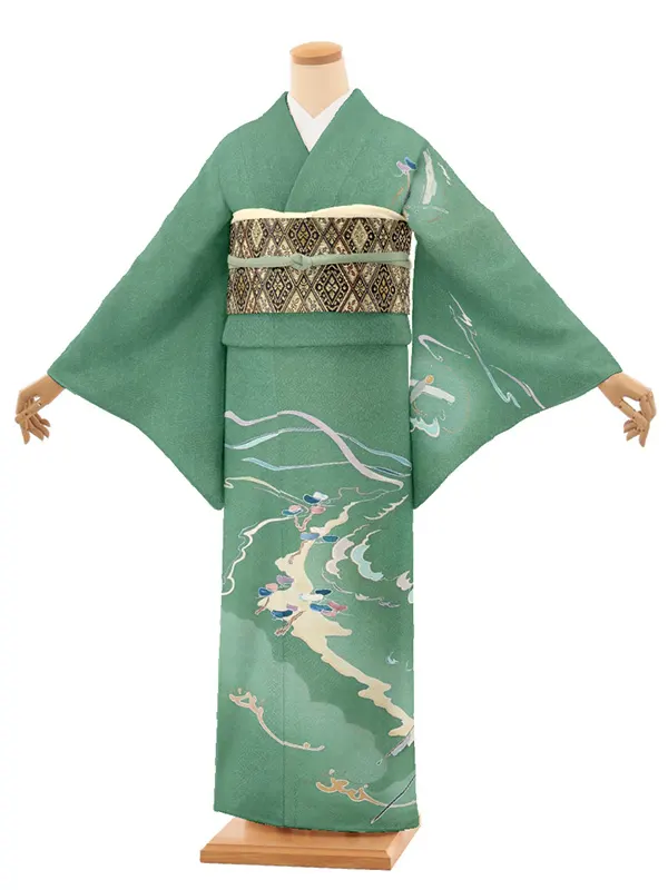 【正絹】訪問着レンタル/緑 Y059（65）