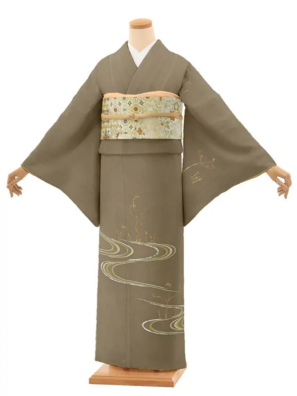 【正絹】訪問着レンタル/茶色 流水 つくし Y060（66）