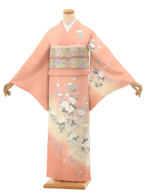 【正絹】訪問着レンタル/サーモンピンク 牡丹 Y065（65）