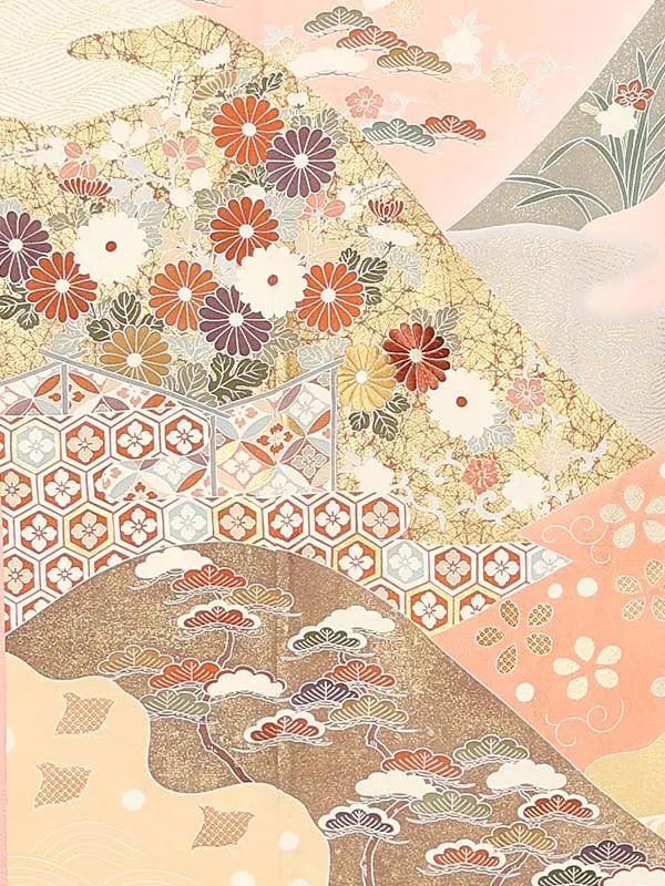 【正絹】訪問着レンタル/ピンク 金彩菊 松 吉祥文 Y069（66）