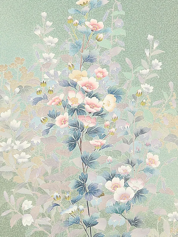 【正絹】訪問着レンタル/緑 草花 Y078（66）