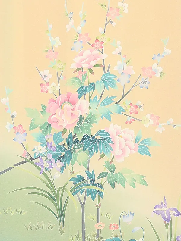 【正絹】訪問着レンタル/薄黄色 牡丹に桜 Y082（66）