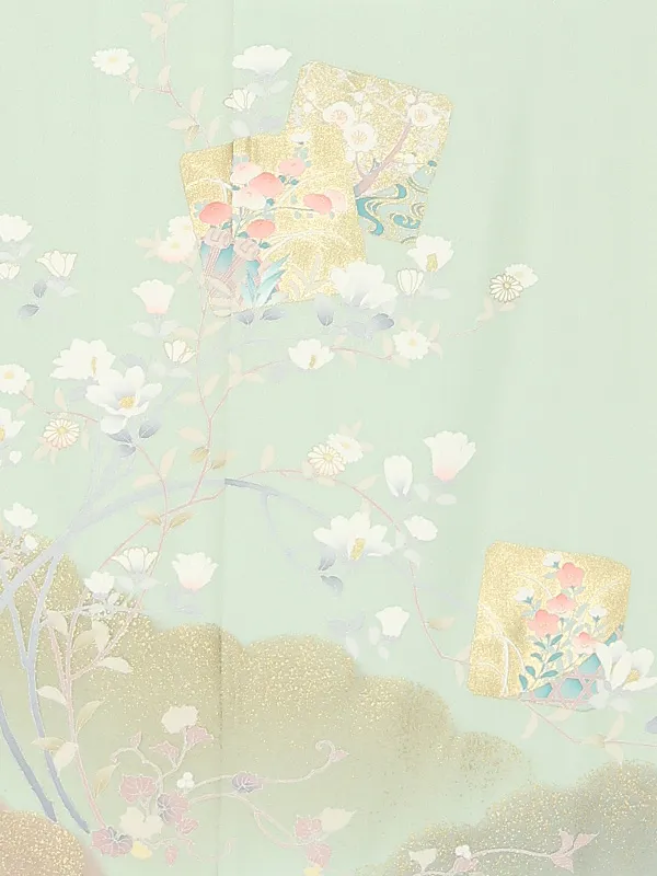 【正絹】訪問着レンタル/ヒワ色 色紙に四季花 Y083（64）
