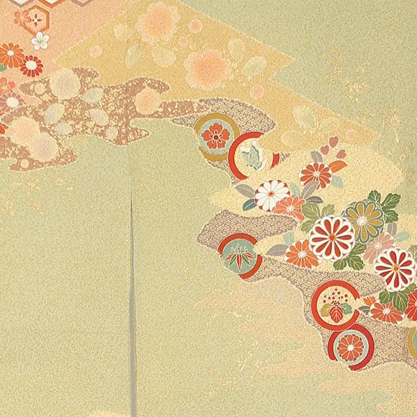 【正絹】訪問着レンタル/黄緑 菊梅 吉祥文 Y084（65）