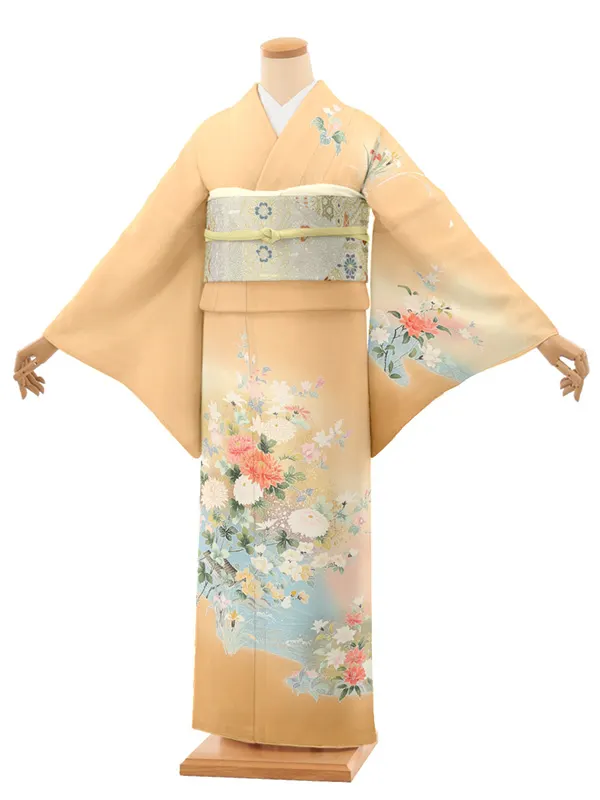 【正絹】訪問着レンタル/ベージュ 菊 Y093（65）