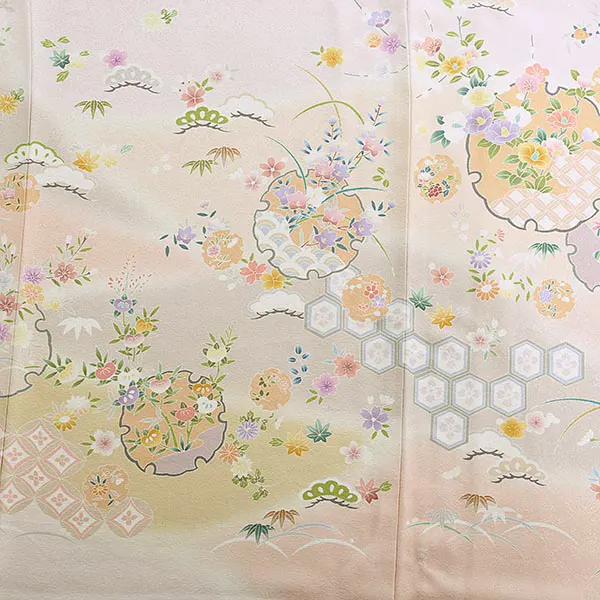 【正絹】訪問着レンタル ／ピンク 四季草花 雪輪 Z063