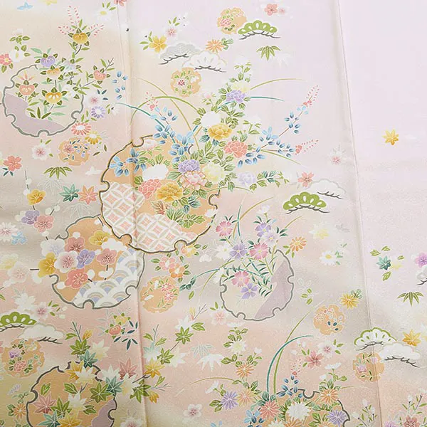 【正絹】訪問着レンタル ／ピンク 四季草花 雪輪 Z063