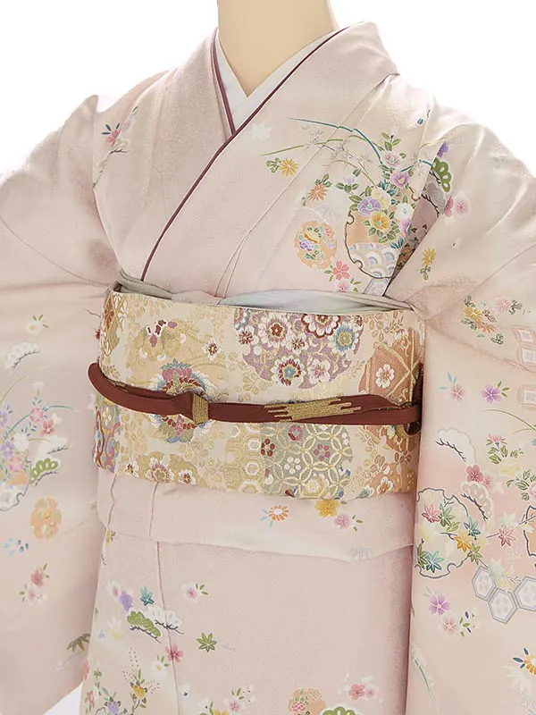 【正絹】訪問着レンタル ／ピンク 四季草花 雪輪 Z063