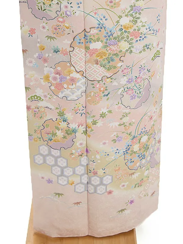 【正絹】訪問着レンタル ／ピンク 四季草花 雪輪 Z063