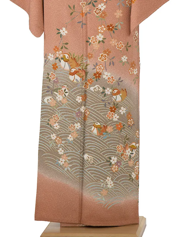 【正絹】訪問着レンタル/茶色 流水に鴛鴦 Z162（64）