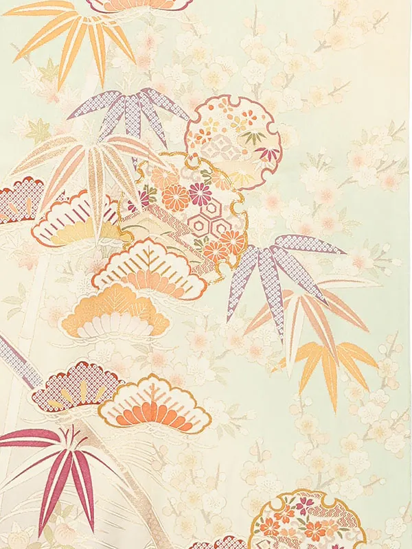 【正絹 トールサイズ】訪問着レンタル/ひわ色 雪輪 四季花 Z234（72）