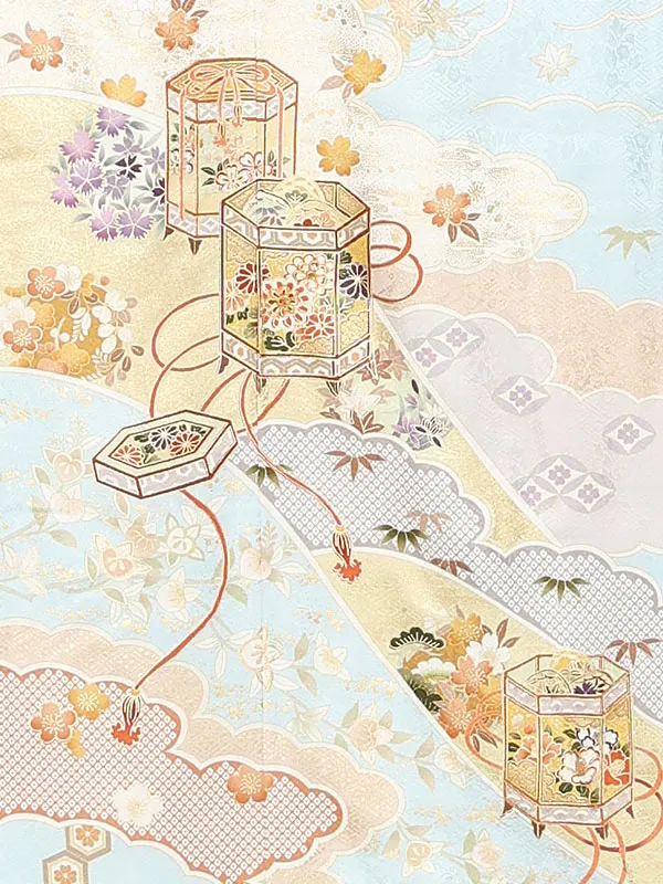 【正絹 トールサイズ】訪問着レンタル/水色 貝桶四季花 Z331（72）