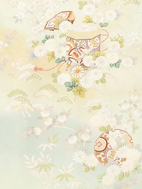 【正絹 トールサイズ】訪問着レンタル/緑 貝桶四季花 Z334（72）