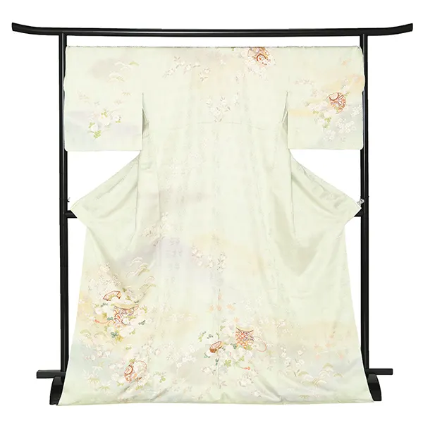 【正絹 トールサイズ】訪問着レンタル/緑 貝桶四季花 Z334（72）