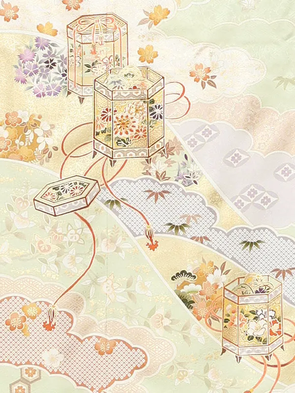 【正絹 トールサイズ】訪問着レンタル/緑 貝桶 Z337（72）