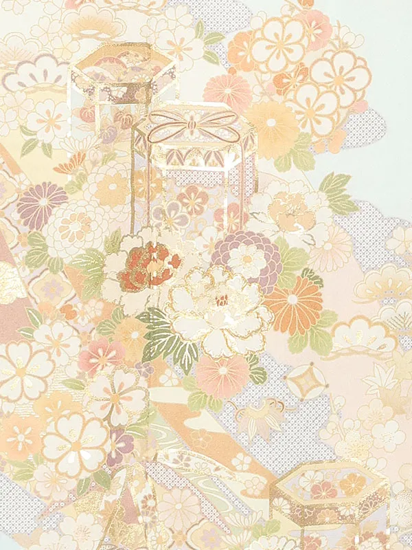 【正絹】訪問着レンタル/水色 貝桶四季花 Z347