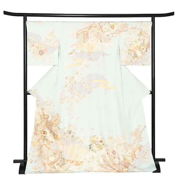 【正絹】訪問着レンタル/水色 貝桶四季花 Z347