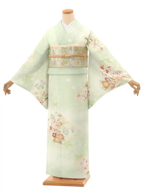 訪問着レンタル/華徒然 黄緑 松皮菱に四季花 Z366