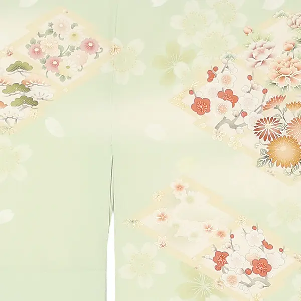 訪問着レンタル/華徒然 黄緑 松皮菱に四季花 Z366