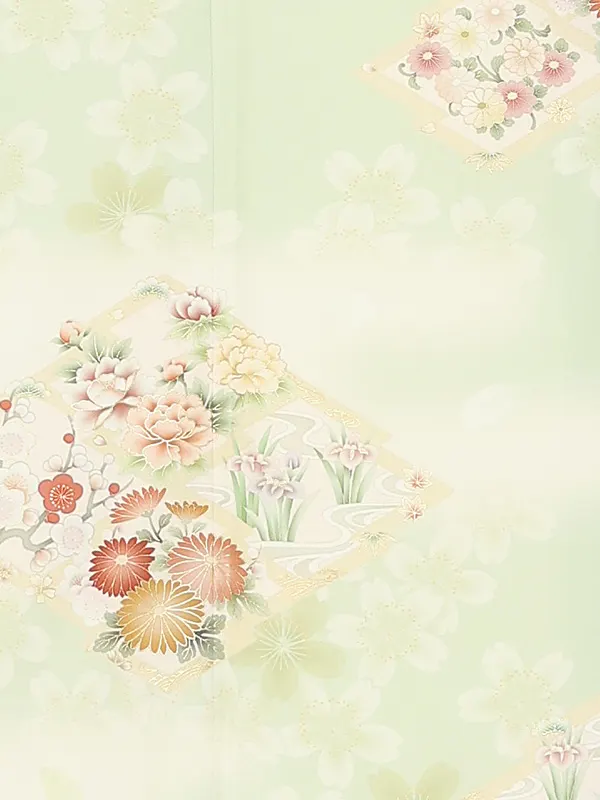 訪問着レンタル/華徒然 黄緑 松皮菱に四季花 Z366