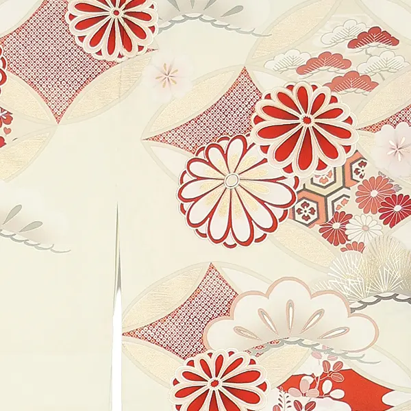 訪問着レンタル/紅一点 クリーム色 七宝に菊 Z371