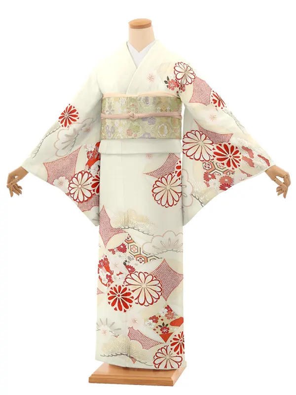 【トールサイズ】訪問着レンタル/紅一点 クリーム色 七宝に菊 Z373（72）