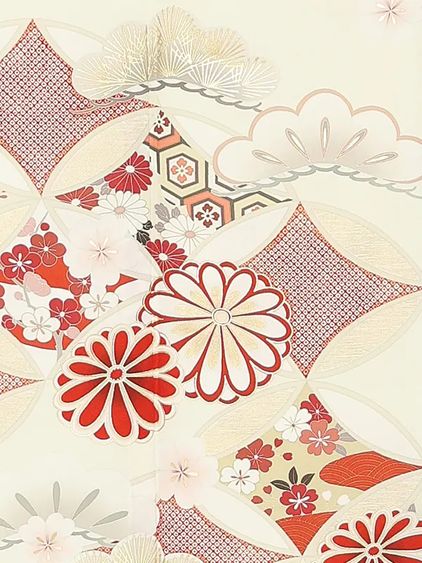 【トールサイズ】訪問着レンタル/紅一点 クリーム色 七宝に菊 Z373（72）