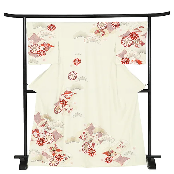 【トールサイズ】訪問着レンタル/紅一点 クリーム色 七宝に菊 Z373（72）