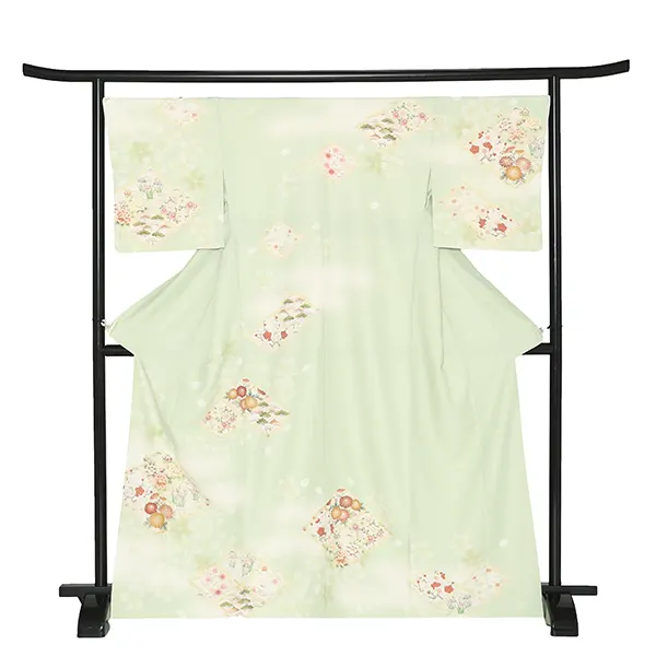 【トールサイズ】訪問着レンタル/華徒然 黄緑 松皮菱に四季花 Z375（72）