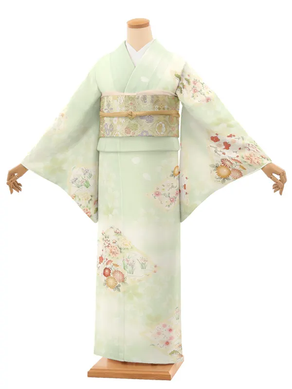 【Sサイズ】訪問着レンタル/華徒然 黄緑色 松皮菱に四季花 Z396（65）