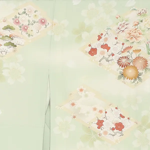 【Sサイズ】訪問着レンタル/華徒然 黄緑色 松皮菱に四季花 Z396（65）