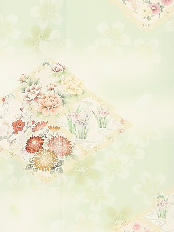 【Sサイズ】訪問着レンタル/華徒然 黄緑色 松皮菱に四季花 Z396（65）