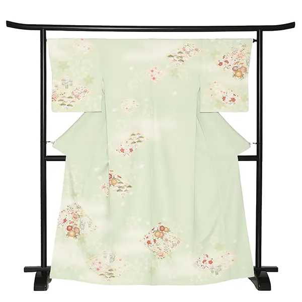 【Sサイズ】訪問着レンタル/華徒然 黄緑色 松皮菱に四季花 Z396（65）