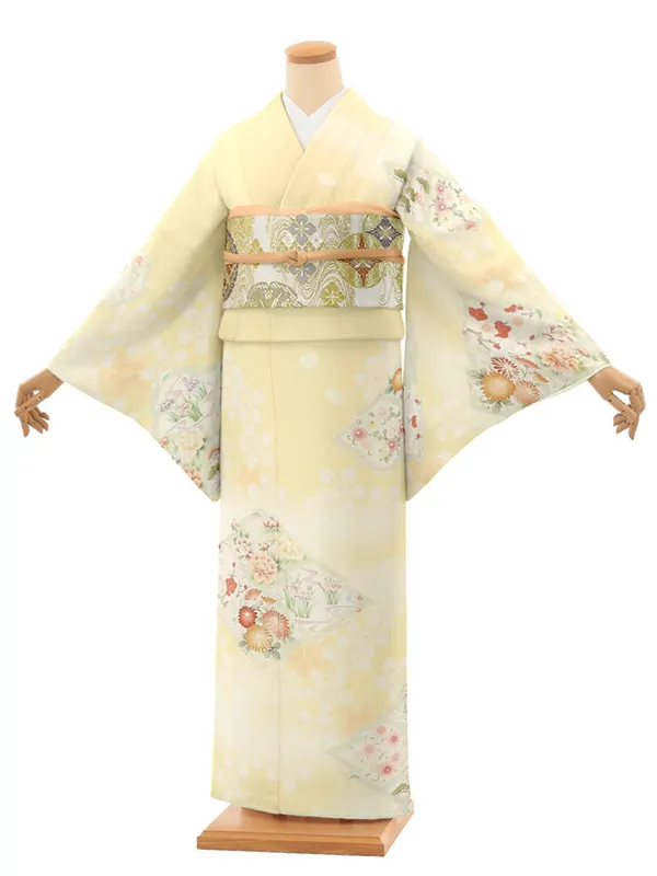 【Sサイズ】訪問着レンタル/華徒然 黄色 松皮菱に四季花 Z397（65）